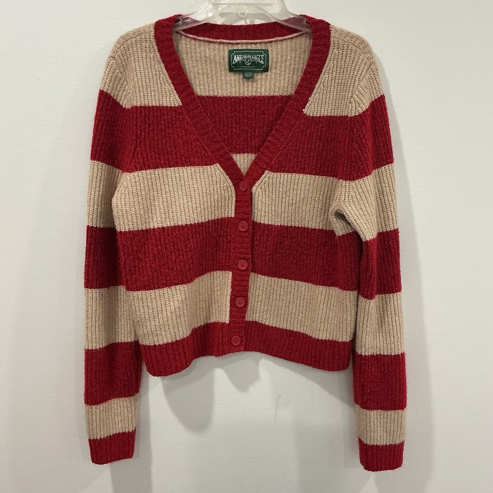 American Eagle Women's Stripe Button Front Sweater Cardigan Red Beige Size XL